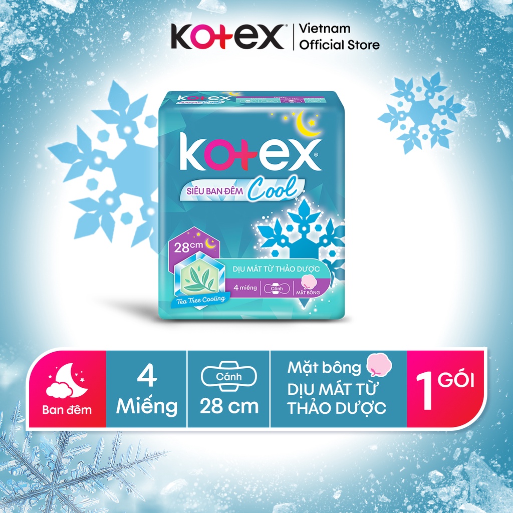  Băng vệ sinh Kotex siêu ban đêm Cool có thiết kế chiều dài lý tưởng lên đến 28cm, giúp bảo vệ tối ưu vào ban đêm