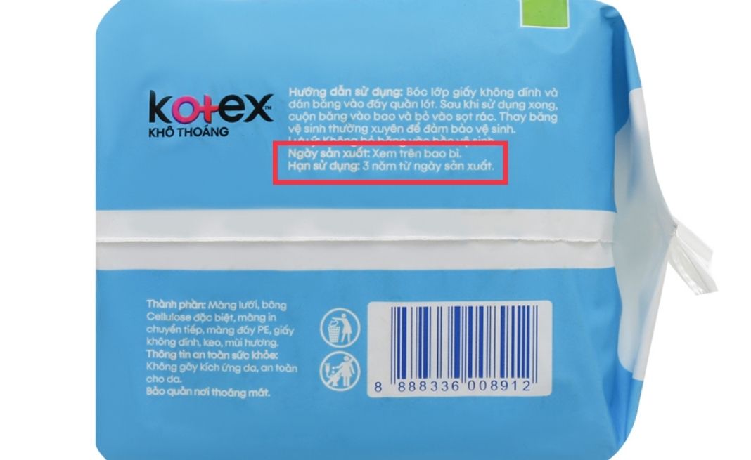 Hạn sử dụng của băng vệ sinh Kotex là 3 năm từ ngày sản xuất