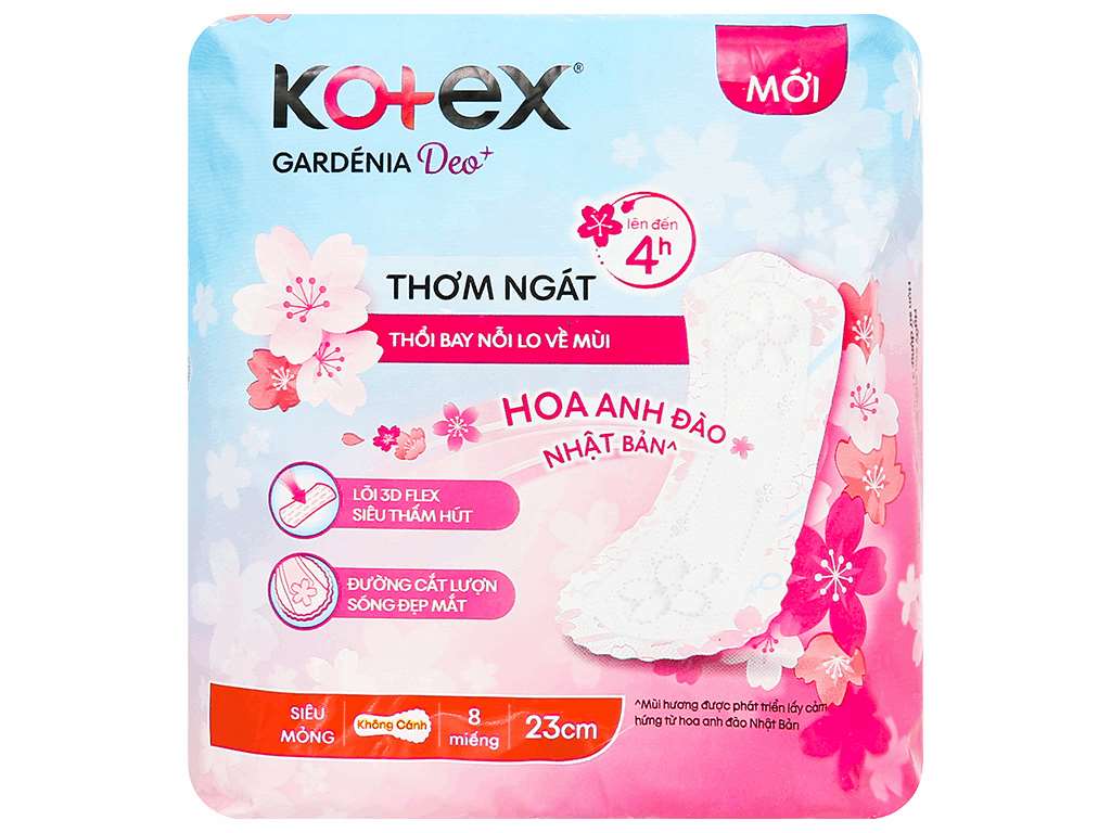 Kotex Gardenia Deo+ hương hoa anh đào với lõi 3D siêu thấm hút giúp thấm nhanh dịch nhầy